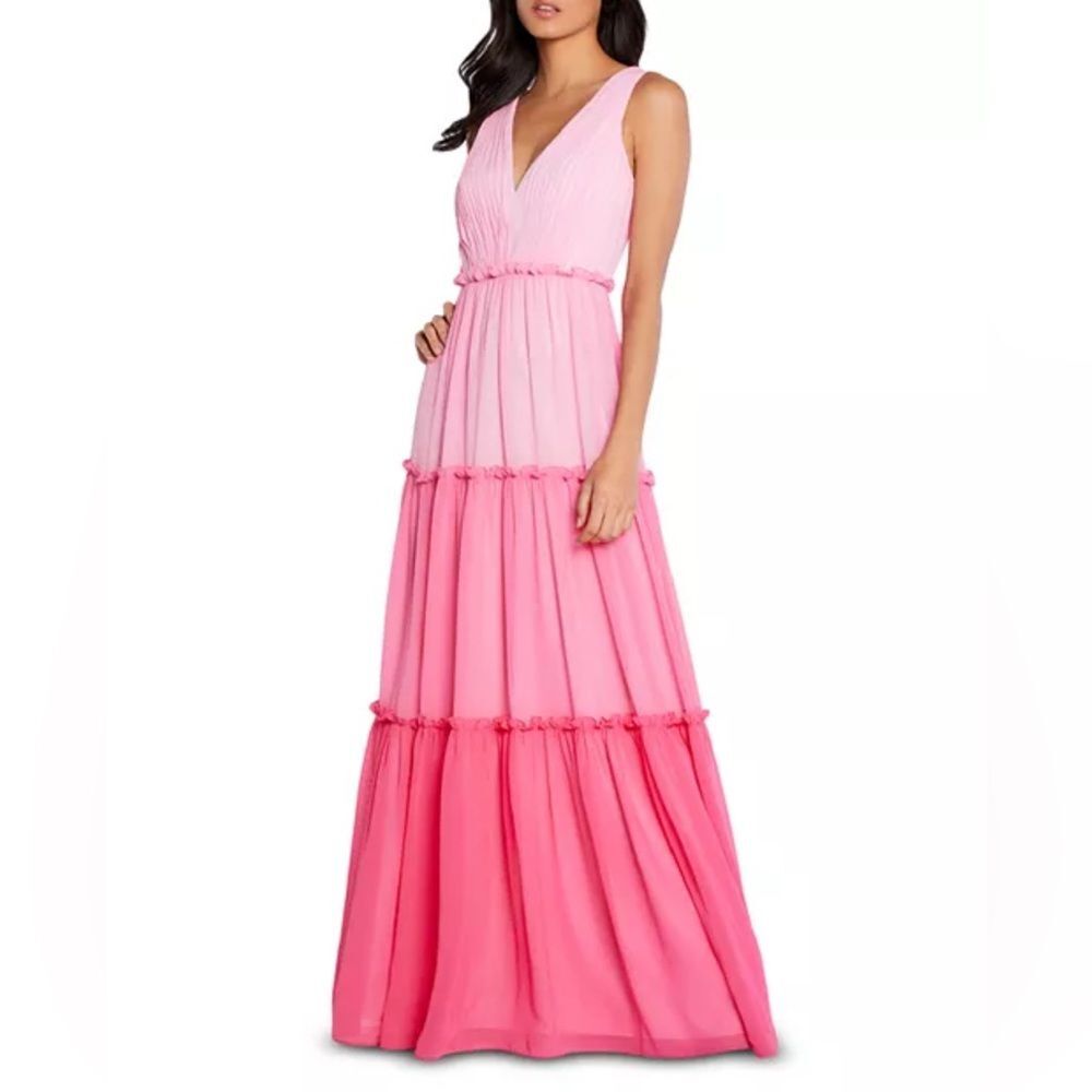 Aidan Mattox V-Neck Ciffon Color-Block Tiered Maxi Gown in Pink, NWT, Size 0 - Picture 1 of 13